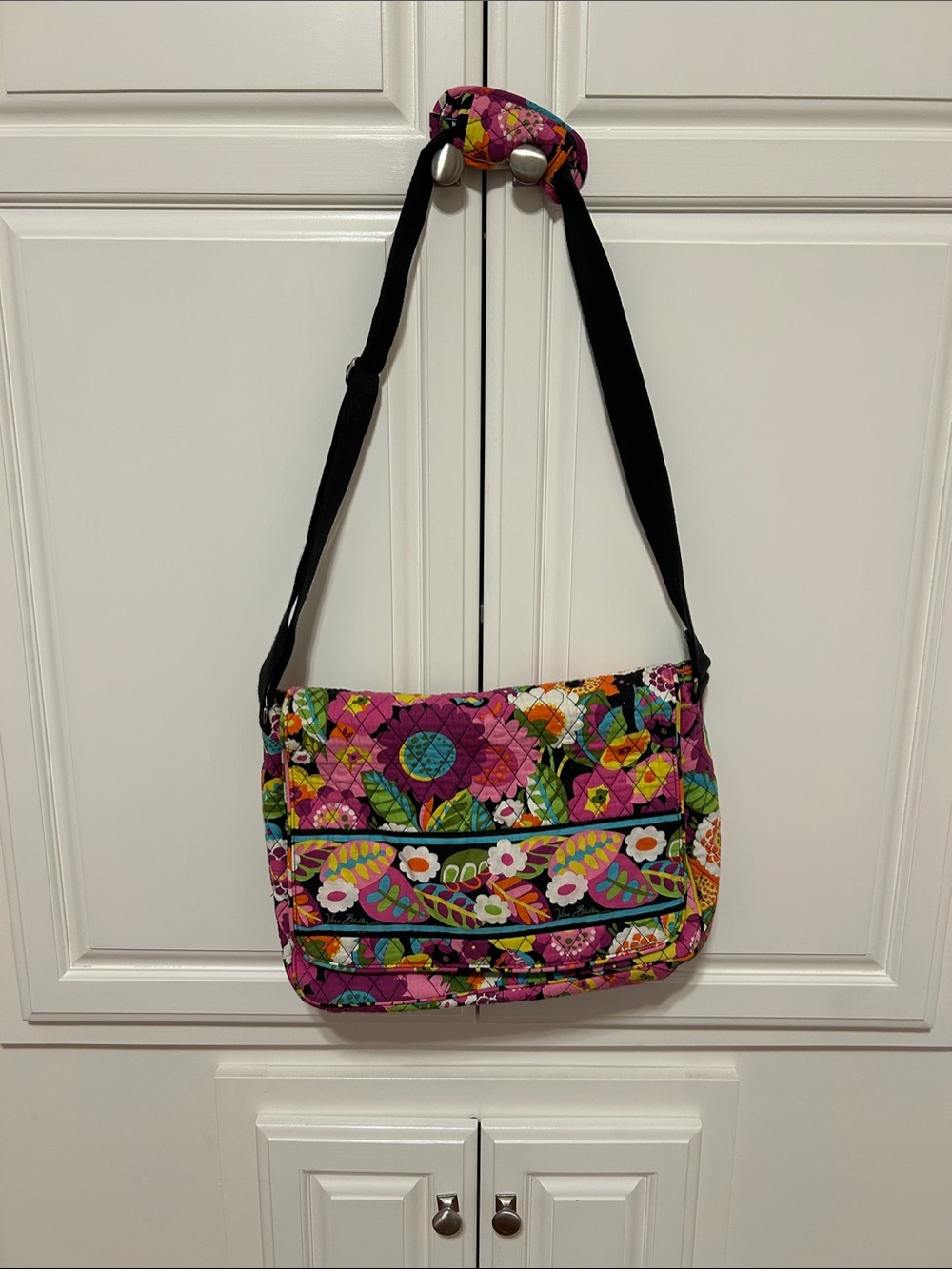 Vera Bradley Quilted Floral Messenger Bag in Pink and Green